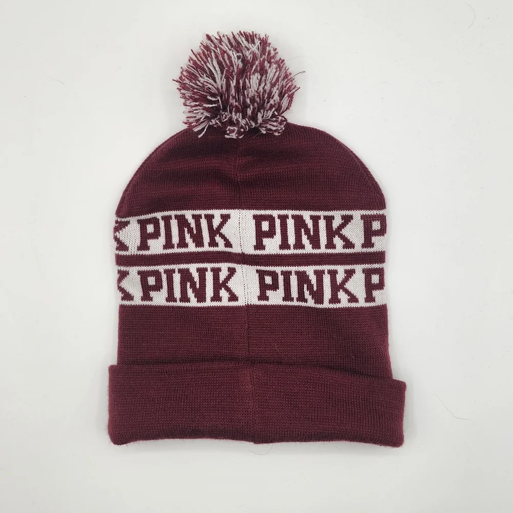NWT PINK Victoria's Secret Logo Pom Beanie Burgundy